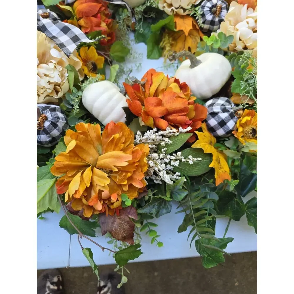 Large Buffalo plaid fall wreath-white pumpkin wreath, lambs ear wreath